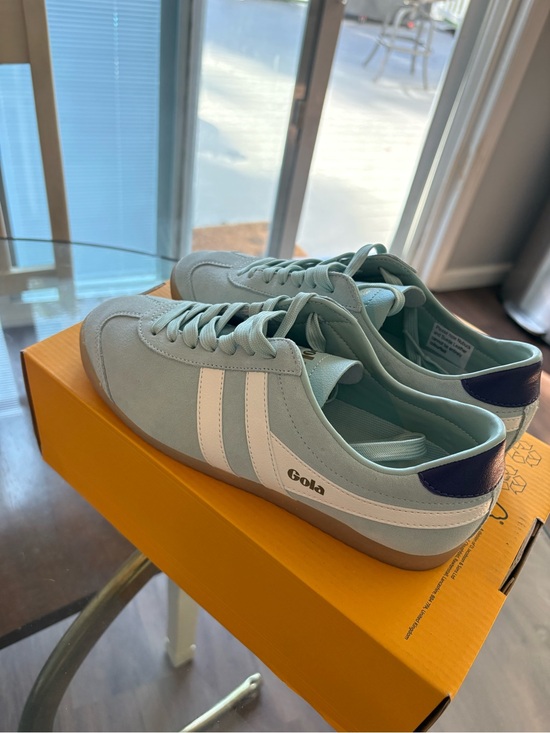 Gola Shoes - Gola Women's Light Teal Suede Sneakers with White Stripes and Purple Heel